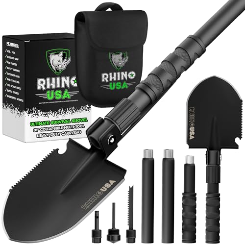 Rhino USA Survival Shovel w/Pick - Heavy Duty Carbon Steel Military Style Entrenching Tool for Off Road, Camping, Gardening, Beach, Digging Dirt, Sand, Mud & Snow. (Survival Shovel)