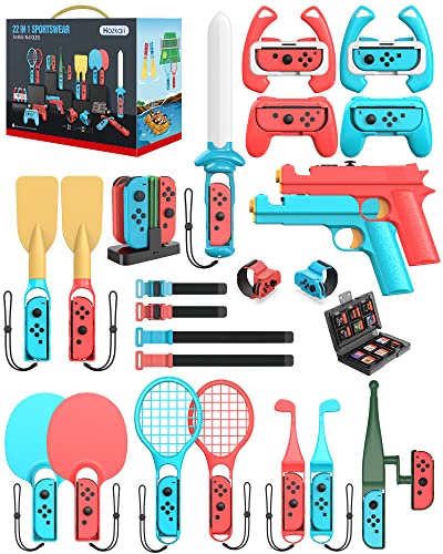 Switch Sports Accessories Bundle - HOZKAII 22 in 1 Family Accessories Kit Pack for Nintendo Switch/OLED Sports Games with Charging Dock, Game Guns, Tennis Rackets, Golf Clubs, Wrist Bands & Leg Strap