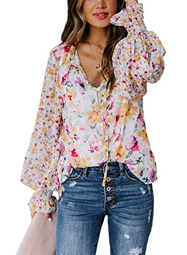 SHEWIN Women's 2024 Spring Casual Bohemian Clothes Floral Print Long Sleeve Tops Loose V Neck Button Down Shirt Flowy Peasant Blouses for Women,US 8-10(M),Floral Pink