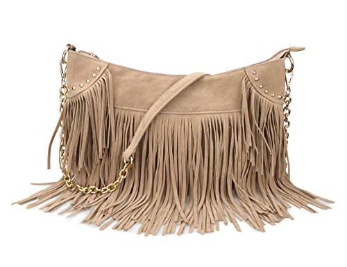 HOXIS Studded Tassel Faux Suede Leather Hobo Cross Body Chain Shoulder Bag Womens Satchel (Khaki)
