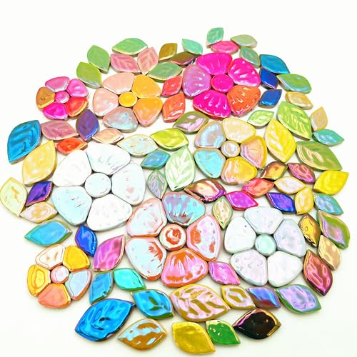 500g/1.1lb Random Color Iridescent Flowers & Leaves Ceramic Mosaic Tiles, DIY Making Creative Mosaic Tiles for DIY Craft Plates Flowerpots Vases Cups Mosaic Making Supplies (Flowers + Leaves Update)