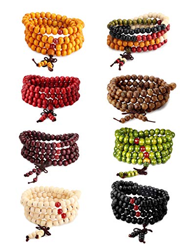 LOYALLOOK Wood Bracelet Buddhist Prayer 108 Mala Bead Bracelets Buddhist Strand 108 Beads Bracelet Wood Necklace Chain For Men Women With Chinese Knot