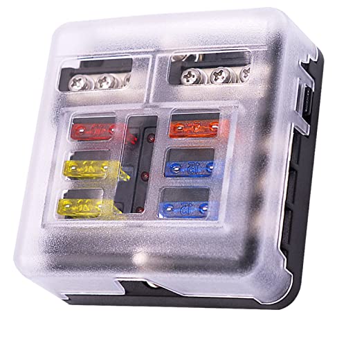6 Way Fuse Block,12V Blade Fuse 6 Circuit ATC/ATO Waterproof Fuse Box Holder with LED Indicator Waterpoof Cover for 12V/24V Automotive Truck Boat Marine RV Van Vehicle