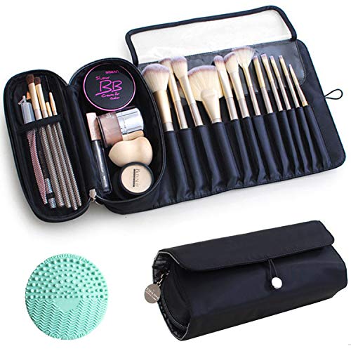 Warmstore Makeup Brush Bag, Travel Makeup Brush Case Makeup Brush Holder Organizer Cosmetic Bag Portable Roll Up Brush Storage Bag for Makeup Brushes and Cosmetic Essentials (Black)