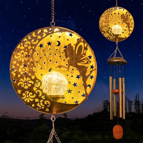 Tryme Mom Gifts for Mothers Day Grandma Gift Moon Solar Wind Chimes for Outside Fairy Solar Lights Outdoor Decor Hanging for Garden Patio Yard Porch Decoration Birthday Gifts for Women