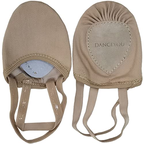 DANCEYOU Stretch Canvas Lyrical Shoes for Girls Womens Half Soles Pirouette Contemporary Turners Dance Shoes, Tan, XS