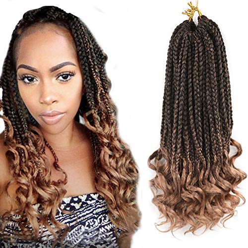 Wavy Ends 3S Box Braids Crochet Braiding Hair Extensions Ombre Brown Synthetic Goddess Box Braids With Free Curly End Crochet Braids For Woman Girls 6 packs deal (14inch, T27)