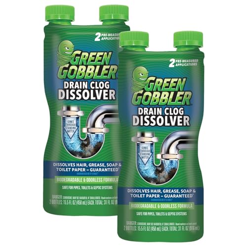 Green Gobbler Liquid Hair Drain Clog Remover & Cleaner, For Toilets, Sinks, Tubs - Septic Safe, 2 Pack