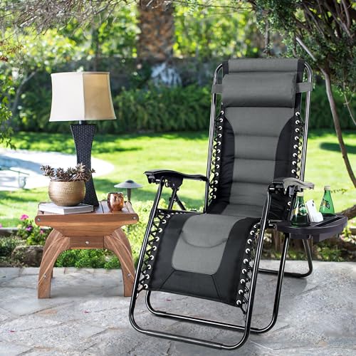 MAISON ARTS Padded Zero Gravity Lawn Chair Foldable Patio Recliner Anti Gravity Lounge Chair w/Pillow & Cup Holder Outdoor Camp Chair for Poolside Backyard Beach, Support 350LBS, Grey