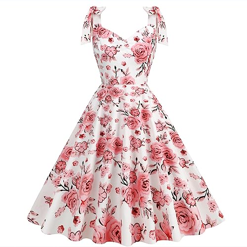 Women's 50S 60S Vintage Dress Bowknot Strap Rockabilly Dress Floral Prom Cocktail Dress Sleeveless Retro 1950S Dress Maxi Dresses for Women 2024 Casual Steampunk Hot Pink