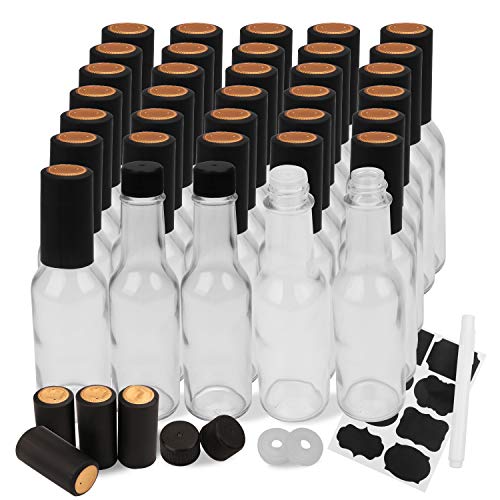Encheng 5oz Clear Woozy Bottles with Shrink Capsules,Small Wine Bottles With Shirnk Bands Glass Hot Sauce Bottles,Empty Small Beverage/ Canning Bottles With Black Caps Case of 35