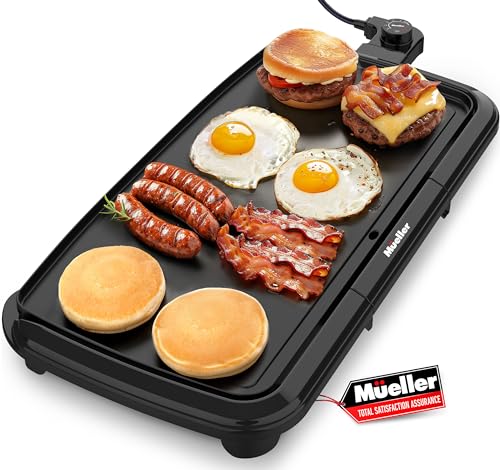 Mueller HealthyBites 20-inch Electric Griddle, Cool-Touch Handles, Slide-Out Drip Tray for Breakfast Pancakes, Burgers, and Eggs, Eco-Friendly Pancake Grill, 10 Eggs at Once, Nonstick & Teflon-Free