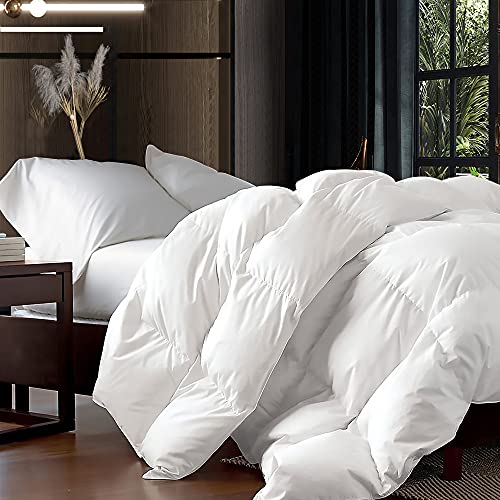 Luxurious Queen Size Goose Down Fiber Waterfowl Feather Fiber Comforter Duvet, 100% Egyptian Cotton Cover, 48 oz. Fill Weight, Baffle Box Design, White Solid
