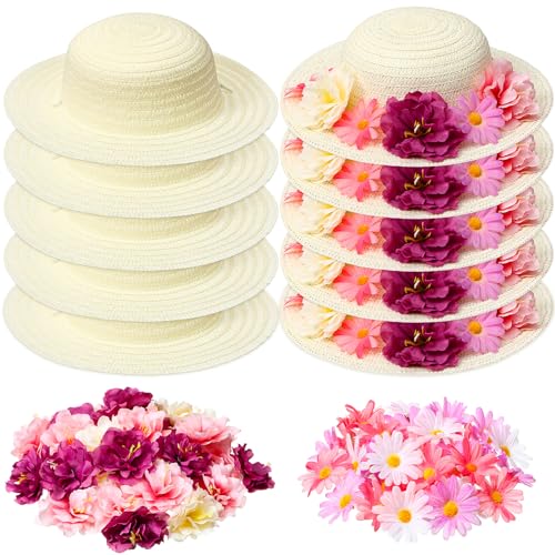 Mepase 70 Pcs DIY Straw Hat with Flower Girls Tea Party Hats Tea Party Straw Hat Fake Flower Heads 10 Straw Hat 60 Airtificial Flower Cherry Cowboy Kids Children Dress Up Hats, 11 Inch Milk White