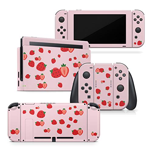 Tacky design Strawberrys Skin Compatible with Nintendo Switch, Vinyl 3m Stickers Cute Pink Strawberry Full wrap Cover