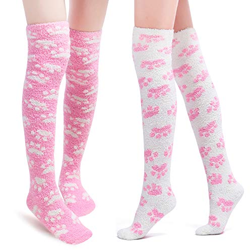 Littleforbig Cute Coral Fleece Thigh High Long Paws Pattern Socks 2 Pairs - Pink