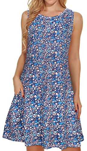 Summer Dresses for Women Beach Floral Tshirt Sundress Sleeveless Pockets Casual Loose Tank Dress (Blue Small Floral,XL)