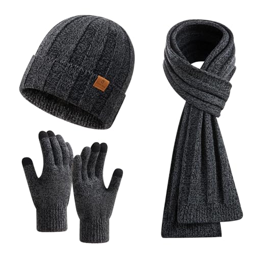 Coolprince Mens Winter Beanie Hat Long Scarf Touchscreen Gloves Set with Fleece Lined Warm Knit Skull Caps Neck Scarves for Women Men Dark Grey