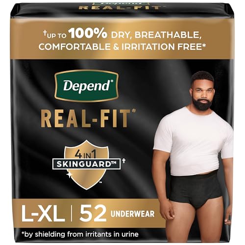 Depend Real Fit Incontinence Underwear for Men, Disposable, Maximum Absorbency, Large/Extra Large, Black, 52 Count, Packaging May Vary