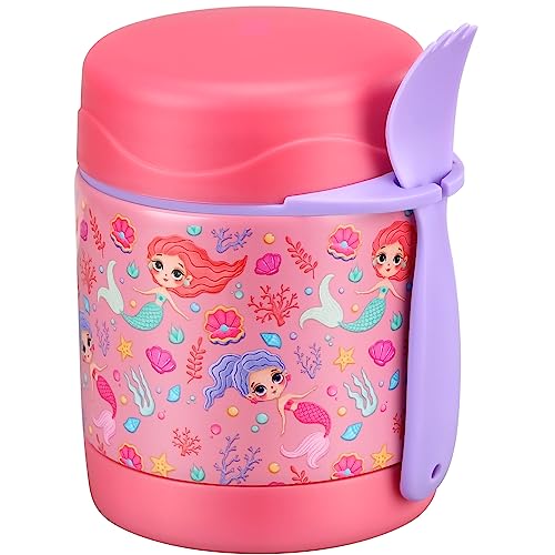 Pawtong 10oz Soup Thermo for Hot Food Kids Insulated Food Jar,Thermo Hot Food Lunch Container, Width Mouth Stainless Steel Lunch Box for Kids with Spoon (Pink-mermaid)