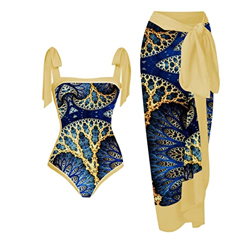 oiangi One Piece Swimsuit Women 2024 with Swim Wrap Skirt 2 Piece Floral Print Bathing Suit Tummy Control Lace up Tankini Set Yellow