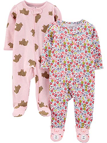 Simple Joys by Carter's Baby Girls' Cotton Sleep and Play, Pack of 2, Pink Bear/White Floral, 3-6 Months