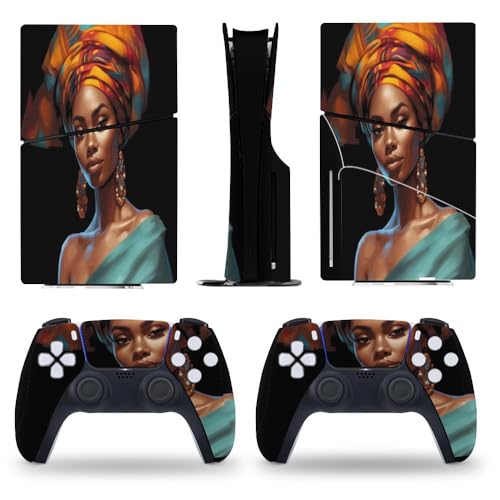 Buyidec Sticker Skin for PS5 Slim Disc Big Earrings African Woman Skin Console Controller Accessories Cover Skins Anime Vinyl Cover Sticker Full Set for Playstation5 Slim Disk Edition