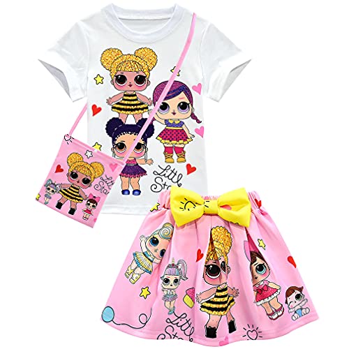 Bololoc Girls Birthday Clothes Surprise Short Sleeve Shirt Skirt Set Princess Party Outfit for Girl Gift 2-8Years (Size 5Years-6Years, Style1)