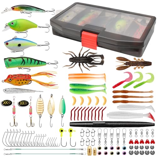 TRUSCEND Fishing Lures Accessories Kit with Tackle Box - Fishing Hooks Minnow Crankbait Frog Popper Lure Worm Fishing Bait-rigs Spinner Baits - Jig Head Fishing Weights Sinkers - Fishing Gifts for Men
