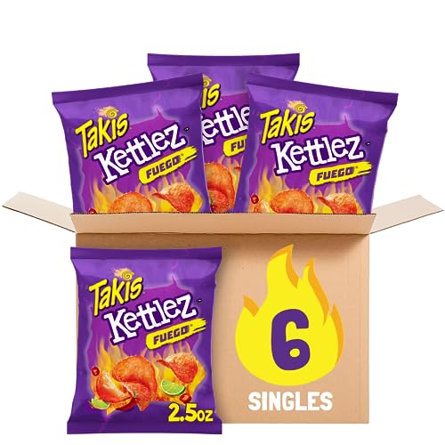 Takis Fuego Kettlez 6 pc / 2.5 oz Snack Size Case, Hot Chili Pepper & Lime Flavored Extreme Spicy Kettle-Cooked Potato Chips