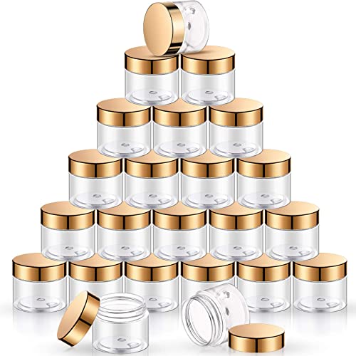 SATINIOR 24 Pieces Empty Clear Plastic Jars with Lids Round Storage Containers Wide-Mouth for Beauty Product Cosmetic Cream Lotion Liquid Butter Craft and Food (Gold Lid, 2 oz)