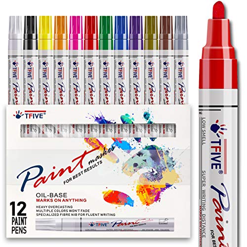 TFIVE Paint Pens Paint Markers Never Fade Quick Dry and Permanent, 12 Color Oil-Based Waterproof Paint Marker Pen Set for Rock Painting, Ceramic, Wood, Fabric, Plastic, Canvas, Glass, Mugs