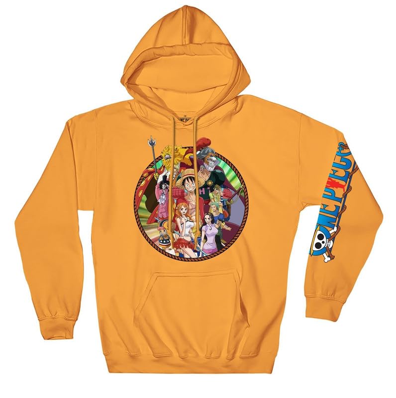 Ripple Junction One Piece Men's Pullover Hooded Sweatshirt Main Characters & Logo Sleeve Print Anime Hoodie Gold 2XL