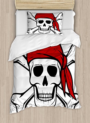 Ambesonne Pirate Duvet Cover Set, Dead Pirate Skull and Crossbones Red Bandana Scary Bandit Warning Piracy, Decorative 2 Piece Bedding Set with 1 Pillow Sham, Twin Size, Black White Ruby