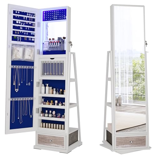 HWB Jewelry Cabinet with LED Light: Jewelry Armoire Organizer with Full-Length Mirror - 360° Swivel Standing Lockable Jewelry Storage for Girls/Women Gifts (White)