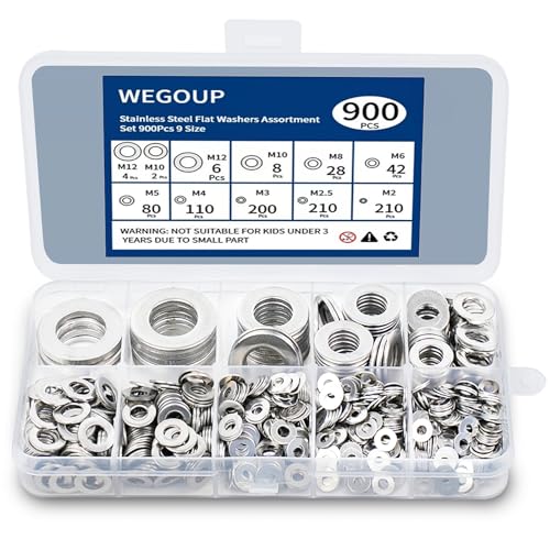 WEGOUP Washers, 900 Pcs Washers for Screws, 304 Stainless Steel Flat Washers, Flat Washers for Bolts Assortment, Rust Free Fender Washers Set, 9 Sizes（M2 M2.5 M3 M4 M5 M6 M8 M10 M12) for Industrial