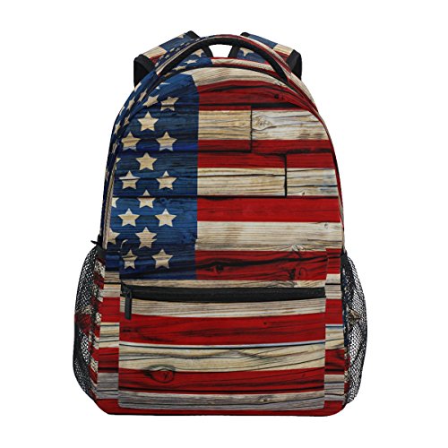 ZZKKO American USA Flag Wooden Style Boys Girls School Computer Backpacks Book Bag Travel Hiking Camping Daypack