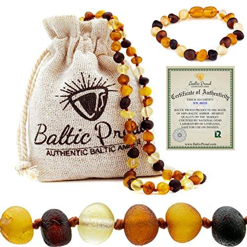 Baltic Proud Raw Amber Necklace and Bracelet Gift Set (Unisex Multi 12.5 Inches/5.5 Inches) - Certified Premium Quality Sea