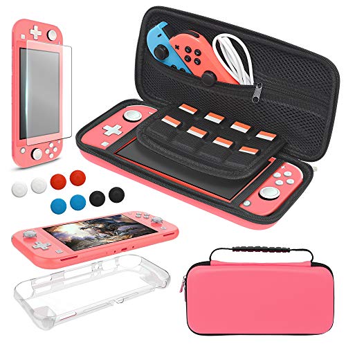 Accessories Bundle Compatible with Nintendo Switch Lite Carry Case & TPU Protective Case Cover & Thumb Grip Covers & Screen Protector - Coral