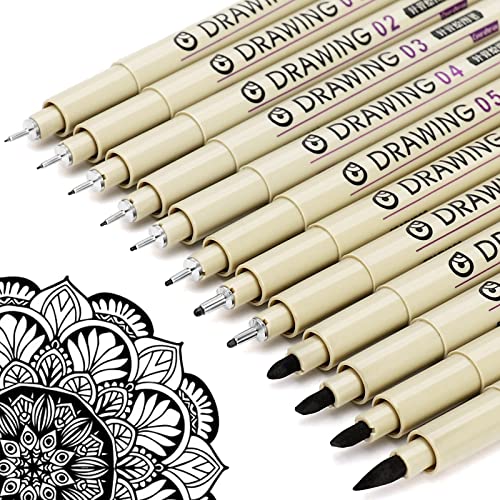 Micro Fineliner Drawing Art Pens: 12 Black Fine Line Waterproof Ink Set Artist Supplies Archival Inking Markers Liner Professional Sketch Outline Anime Sketching Watercolor Zentangle Gift Stuff