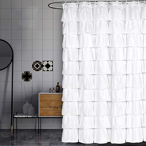 Volens White Shower Curtain Fabric Ruffle for Bathroom,70in Long