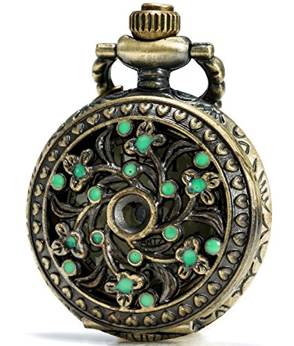 SEWOR Delicate Pendant Quartz Pocket Watch Green Enamel Flower Bronze Case