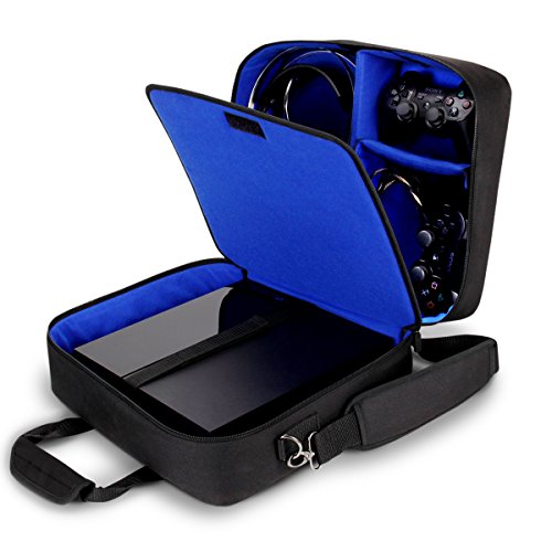 USA Gear PS4 Travel Case - PS4 Case Compatible with Playstation 4 Slim, PS4 Pro and PS3 - PS4 Carrying Case with Customizable Interior for PS4 Games, Controller, Headset and Gaming Accessories (Blue)