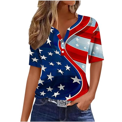 July 4th Independence Day Shirt Womens American Flag Graphic Patriotic Tops Blouse Dressy Casual Buttons V Neck T Shirts Blue Tops