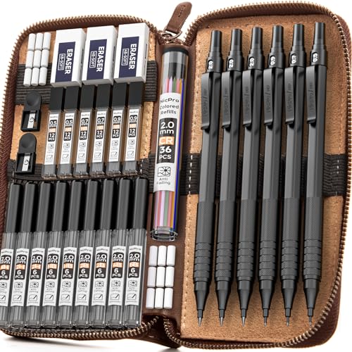 Nicpro 30PCS Black Metal Mechanical Pencils Set in Leather Case, Art Drafting Pencil 0.5, 0.7, 0.9 mm, 2mm Lead Pencil Holders for Sketching Drawing With 16 Tube (6B 4B 2B HB 2H 4H Colors)Lead Refills