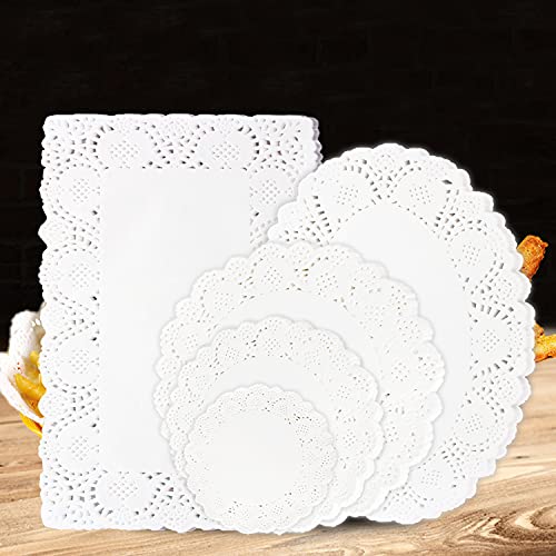250 PCS Paper Doilies Lace Assorted Size Food Grade Modern Decorative Placemats Bulk Add Elegance to Crafts, Coffee, Cake, Desert, Table, Wedding, Tableware Decoration (Round Rectangle Oval White)