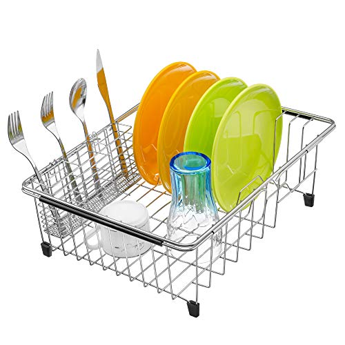 iPEGTOP Expandable Multifunctional Dish Drying Rack, Rustproof Stainless Over Sink Dish Drainer Rack Basket Shelf, Dish Drainer in Sink or On Counter Organizer with Utensil Cutlery Holder