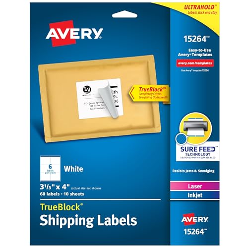 Avery Printable Shipping Labels with Sure Feed, 3-1/3' x 4', White, 60 Blank Mailing Labels (15264)