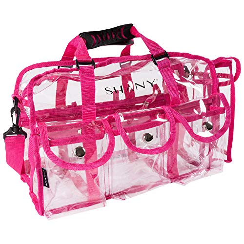 SHANY Clear PVC Makeup Bag - Large Professional Makeup Artist Rectangular Tote with Shoulder Strap and 5 External Pockets - PINK