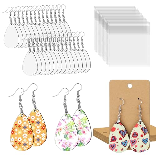 Koal Sublimation Earring Blanks Bulk Pack - 50 Pcs MDF Teardrop Earrings with Protective Film for Sublimation Printing, Complete with Template, Weeder, Hooks, and Jump Rings